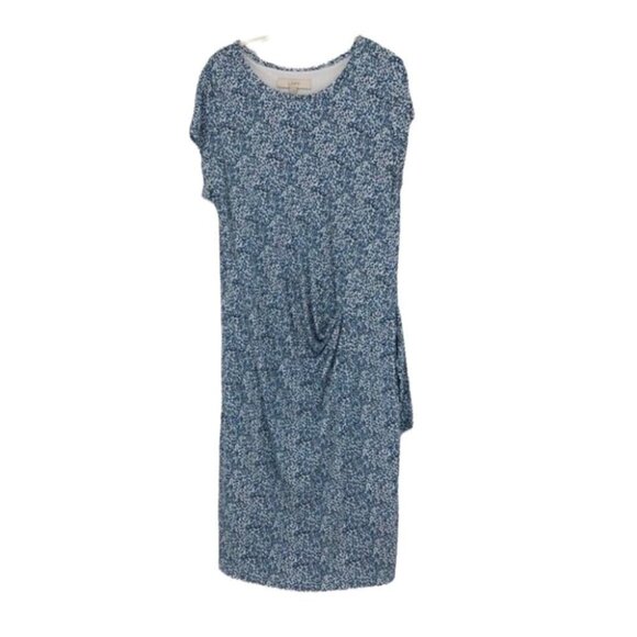 LOFT Light blue white dotted side gather short sleeve rayon midi sheath dress L - Picture 1 of 14